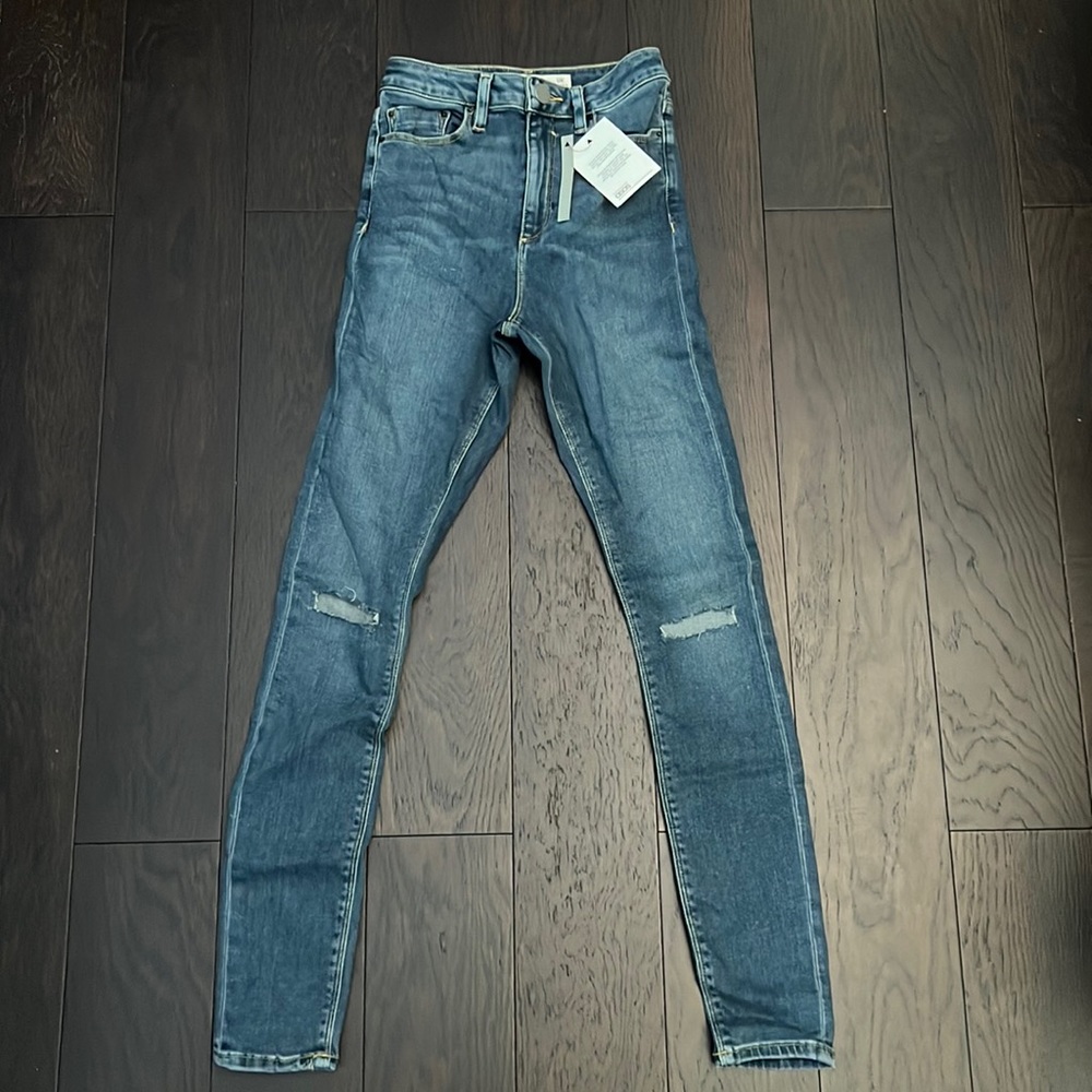 ASOS RIDLEY High Waist Skinny Jeans w Ripped Knees in Dark Wash Blue / W 25 L 32